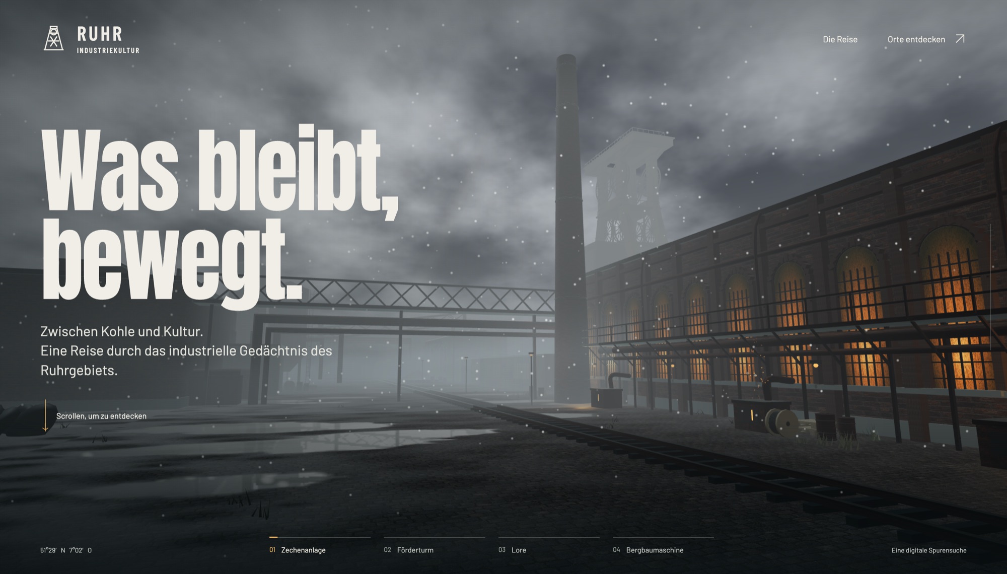 Neblige 3D-Zechenanlage mit Förderturm im Ruhrgebiet