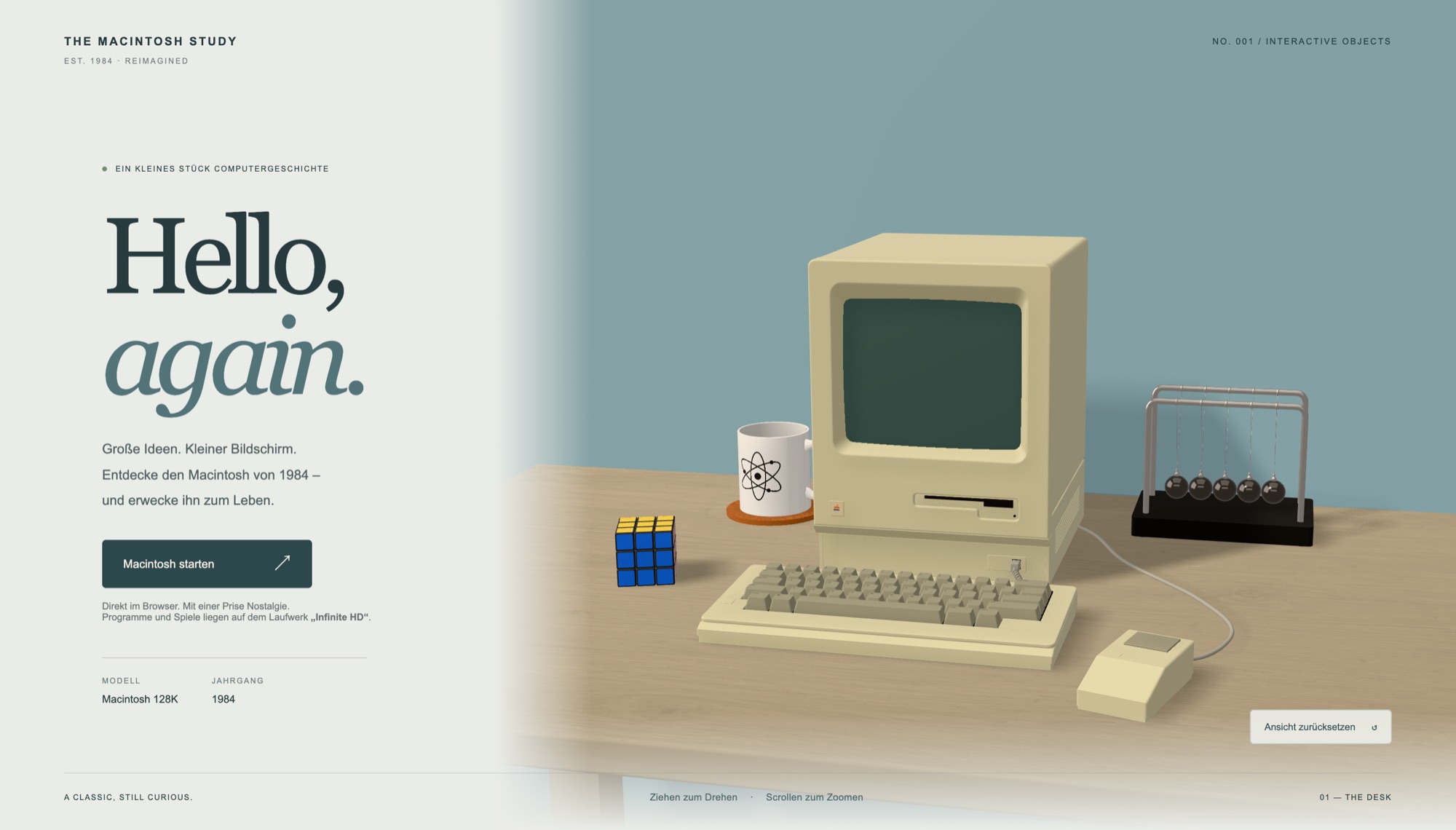 Dreidimensionaler Macintosh mit Tastatur auf einem Schreibtisch